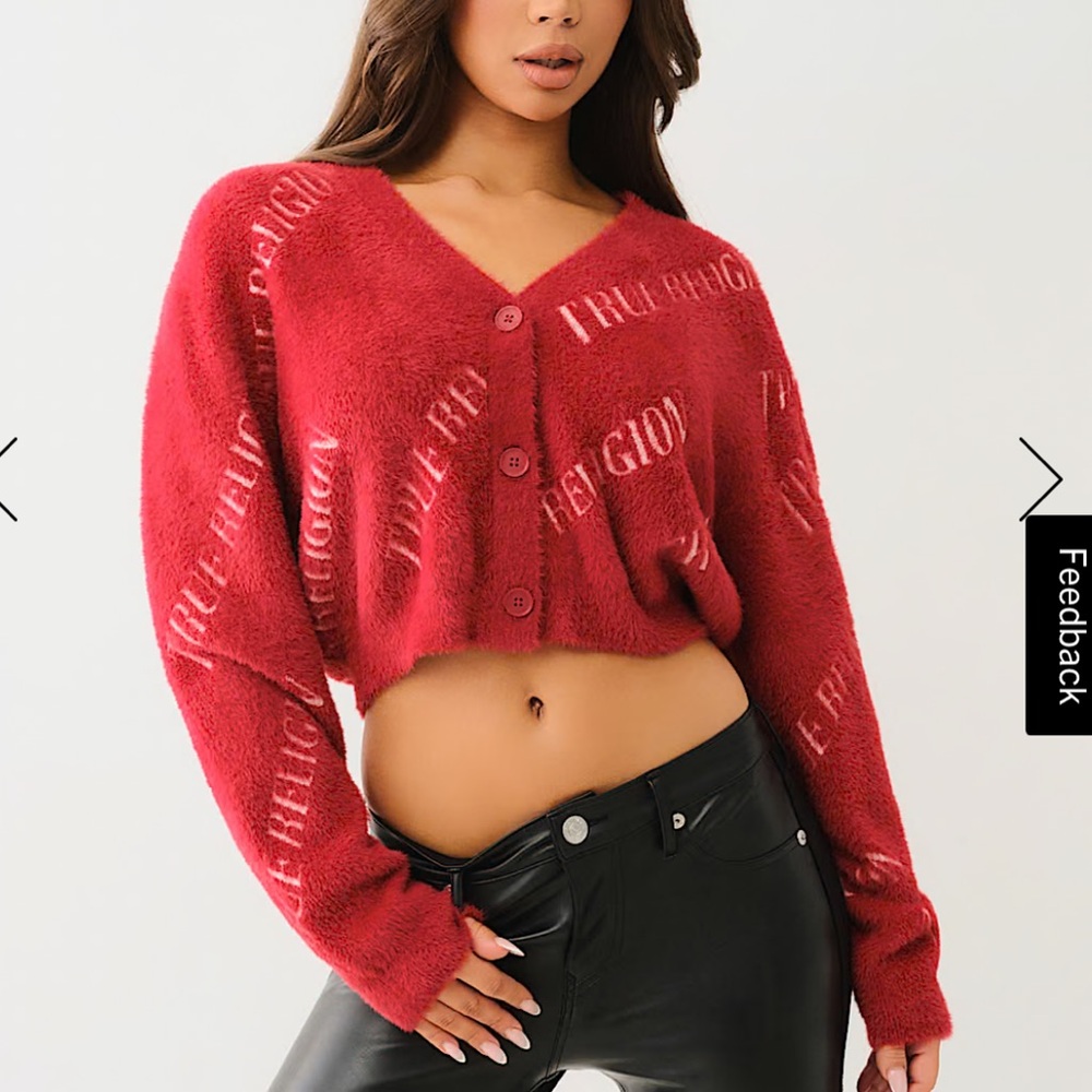 FUZZY LOGO CROP CARDIGAN SWEATER